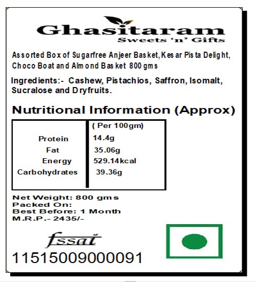 Miniatura 2 de Ghasitaram Gifts Diwali Sweets - Caja surtida de cesta Anjeer, Kesar Pista Delight, Choco Boat y cesta de almendras 800 GMSRegalo para Diwali, Holi,