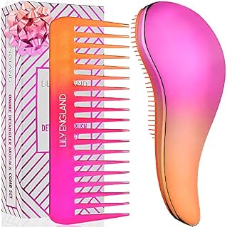 Detangle Hair Brush and Wide Tooth Comb Set - Easy to Hold Detangler Hairbrush and Detangling Comb for Women and Kids for Wet or Dry, Fine, Curly, Thick, Afro Hair by Lily England - Ombre