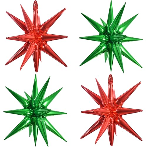 Image of TONIFUL 4Pcs Explosion Star Balloons Red and Green Foil Balloon Party Decor | 22 Inch Large Mylar Star Balloon for Christmas Party Decorations New Year Birthday Wedding Baby Shower Photo Booth Supplies