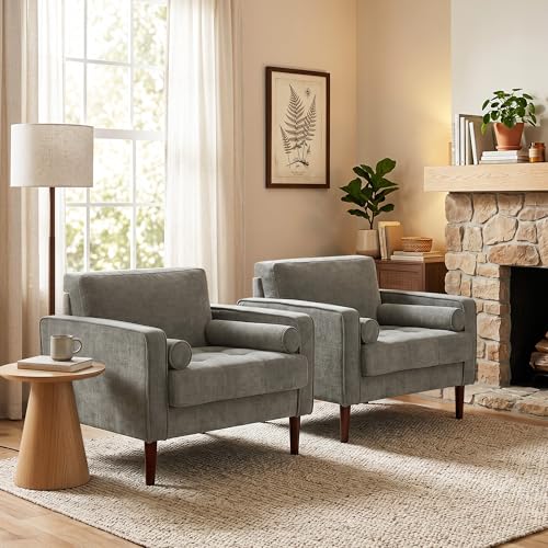 Image of Accent Chairs Stet of 2, Chenille Upholstered Armchairs for Living Room, Comfy Single Sofa Bedroom Reading Seat with 2 Bolster Pillows, Taupe