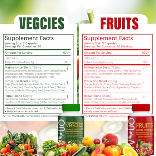 Image of Fruits & Veggies Capsules - 90 Fruit and 90 Veggie Whole Food Supplement - Supports Energy Levels, High Lycopene, Vitamins & Minerals