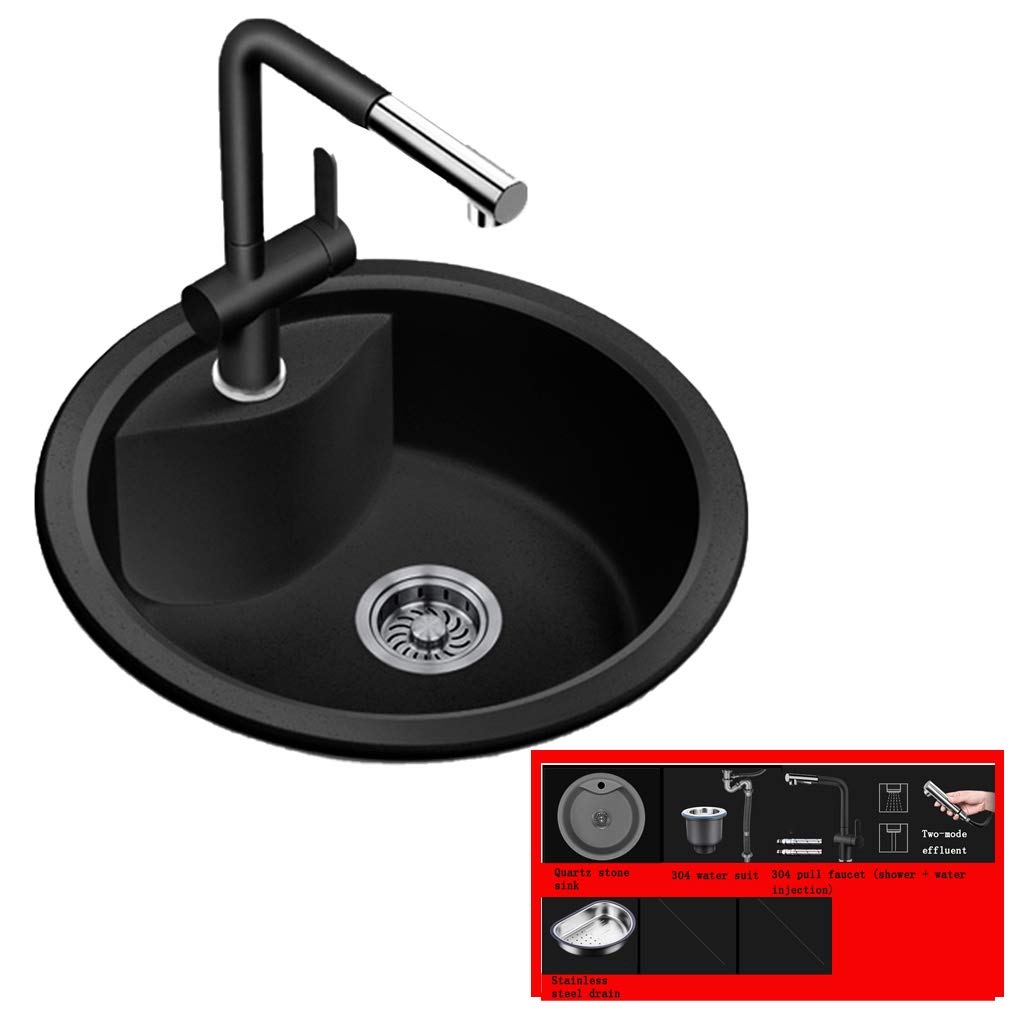 ZQFHSX Kitchen Sinks Fixtures Round Single Basin Sink Quartz Stone Mini Cutlery With Telescopic Faucet (Color : Black, Size 43.5 * 19.5cm)