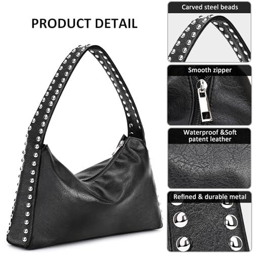 Image of Shoulder Purse,Punk Studded Purse Western Solid Vintage Underarm Bag Tote Bag, Handbag with Zipper Closure for Women (Black-sliver)