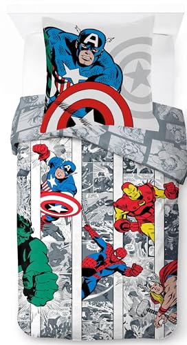 Jay Franco Marvel Avengers Comics Ensemble Housse de Couette – Linge de Lit Ultra Doux pour Enfants avec Taie d’Oreiller, Housse Seulement (Garnissage Non Inclus),...