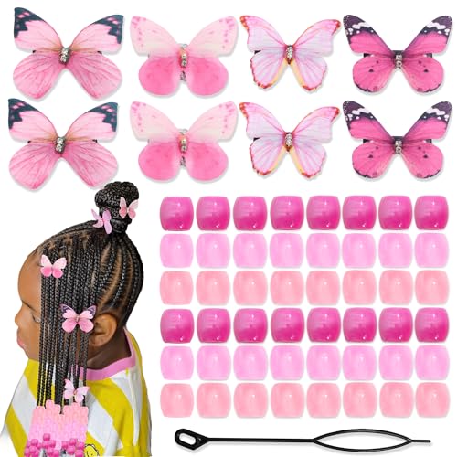 Image of VENOFEN 56PCS Hair Beads Pink Buttefly Hair Clips Vivid Butterflies Clip Loc Dreadlock Gradient Beads Cute Hair Accessories for Kids Girls