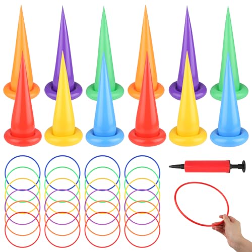 36pcs Inflatable Ring Toss Game Set, Colorful Carnival Games for Kids with Inflator, Reusable Ring Toss Game for Kids and Adults Indoor or Uutdoor Fun Games (12 Inflatables + 24 Rings)