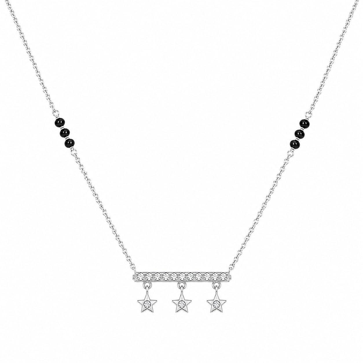925 Sterling Silver Celestial Star Drop Mangalsutra for Women | Rhodium Plated Silver Chain with Black Beads & Zircon Bar Pendant with Three Dangling Star Charms | Elegant Traditional Necklace-image-38