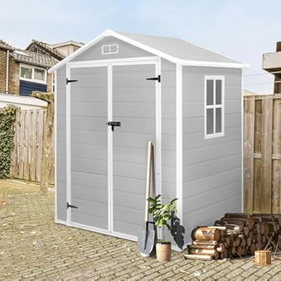 Seizeen 6x4.4ft Resin Shed with Floor, Waterproof Outdoor Plastic Shed w/Lockable Doors, Window & Vents, Outdoor Storage Shed for Storing Lawn Mower, Patio Furniture, Tools, Bike (Light Gray)