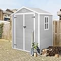 Seizeen 6x4.4FT Outdoor Resin Shed with Reinforced Floor, All-Weather Plastic Shed with Lockable Door, Window & Vents, Garden Tool Sheds & Outdoor Storage Clearance for Garden Patio Lawn (Gray)