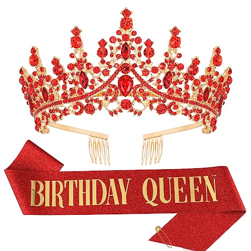 Tihebax Queen Sash & Tiara - Red Gold Crown Birthday Sash and Tiara for Women Girls Princess Tiara Crown Birthday Accessories Glitter Sash