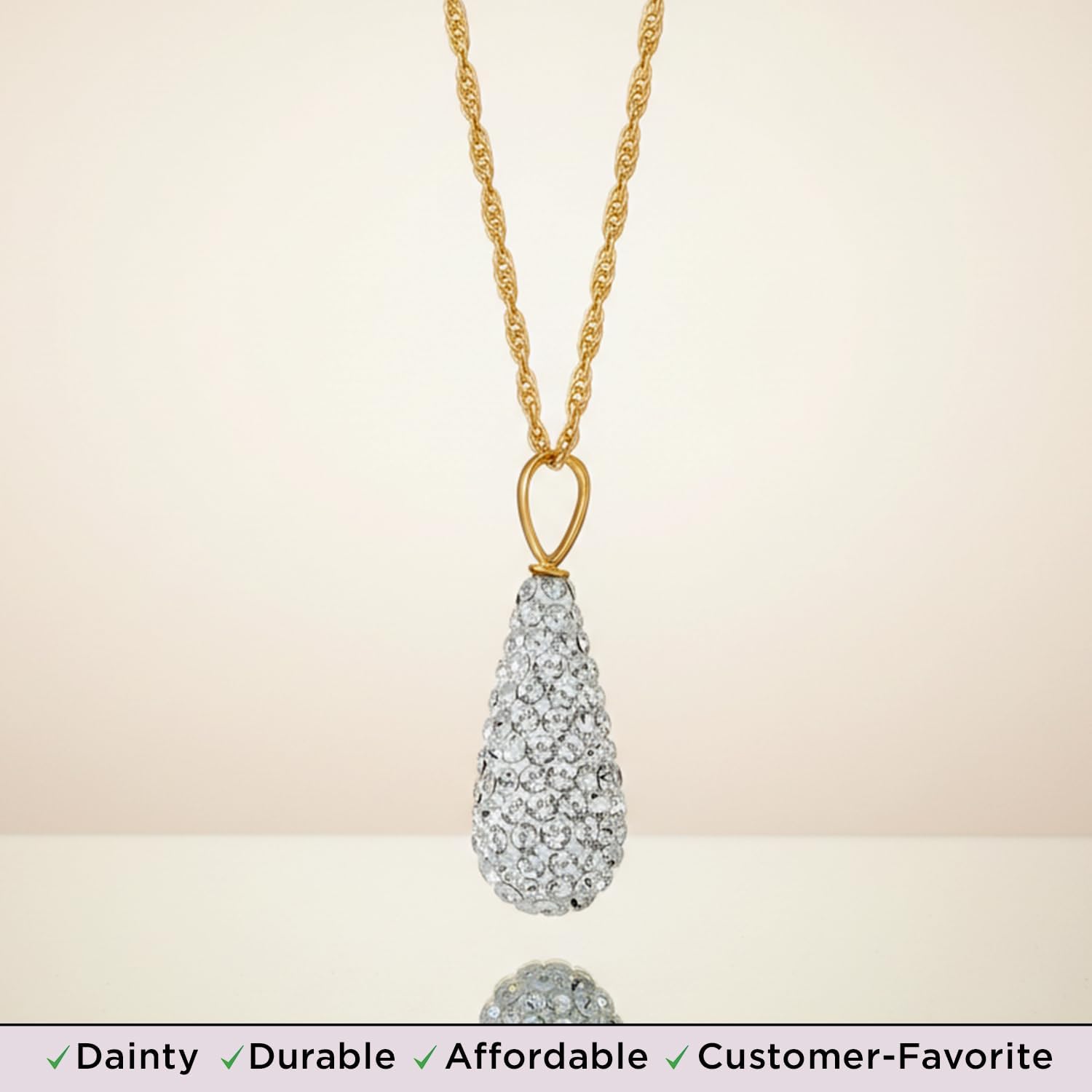 Jewelili Pear Shaped Necklace Pendant in 10K Yellow Gold with 2 MM Round Cubic Zirconia and 18 inch Gold Filled Rope Chain