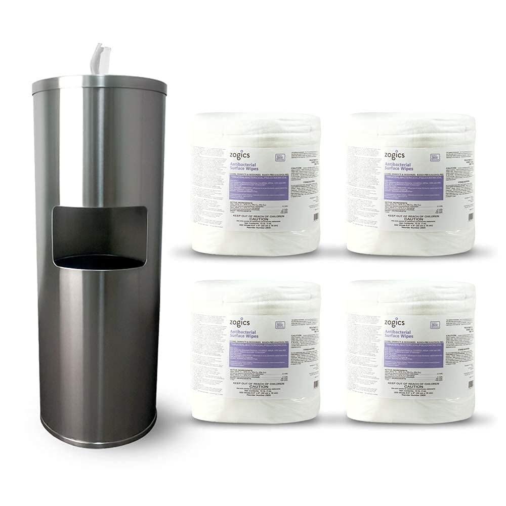 Zogics Disinfecting Wipes and Stainless Steel Wipe Dispenser with Built-in Trash Can