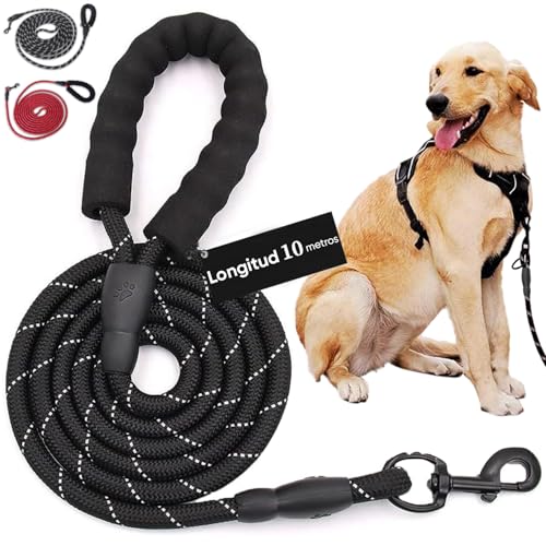 Mablik® Correa Perro Larga Adiestramiento 10 Metros Negra (diámetro 1 cm), con Mosquestón de Alta Resistencia 360º y Empuñadura Suave. Correa Larga Perro Reflectante (Correa Negra, 10m)
