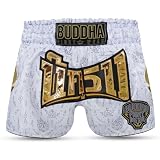 Buddha Fight Wear Pantalón Muay Thai y Kick Boxing Kanok – Short Profesional en Satén Premium, Diseño Multicolor, Ligero y Resistente. (FR/ES, Letras, XL, Regular, Regular, Blanco)