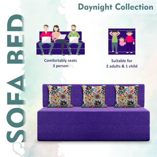 Image of Los Angeles Foldable Three Seater Sofa Cum Bed, Sofa Bed 5 X 6 Feet Jute Fabric Washable Cover- Including Cushion Perfect for Living Room - Purple