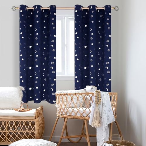 Image of BGment Kids Curtains for Bedroom 63 Inch Length 2 Panels Set, Star and Moon Blackout Curtains for Boys Room Decor, Nursery Thermal Insulated Room Darkening Curtains with Grommet, 38 Wide, Navy Blue