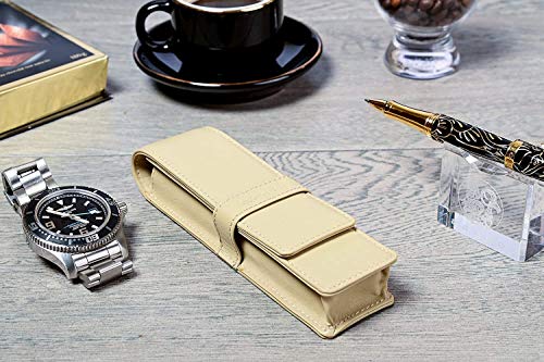 Image of DiLoro Leather Double Pen Case Pencil Pouch Holder for Two Fountain Ballpoint Rollerball Pens and Pencils (Beige)