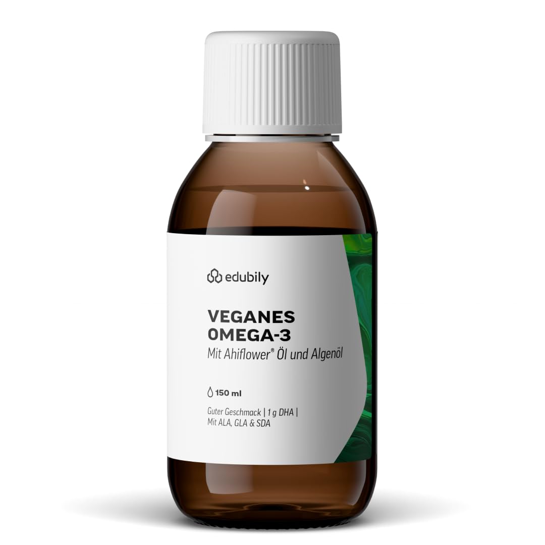 edubily Oméga 3 végétalien à base d'huile d'Ahiflower, d'huile d'algues et d'huile de lin - Source végétalienne DHA et ALA - 3,33 g d'oméga-3 par dose quotidienne - Arôme citron (150 ml)