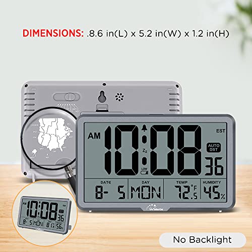 Wallarge Auto Set Digital Wall Clock Battery Operated,Desk Clocks With Temperature,Humidity And Date,Large Display Digital Calendar Alarm Clock For Elderly,Bedroom,Office,8 Time Zone, Auto Dst. #TOP5
