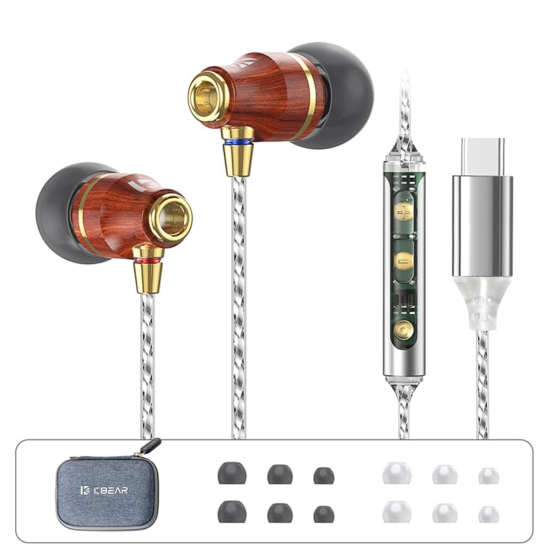 KBEAR KW1 USB Type C Headphones in Ear Earphones with Mic and Volume Control, Wood Wired Earbud with Rich Dynamics, OFC Silver-Plated Cable DAC Chip