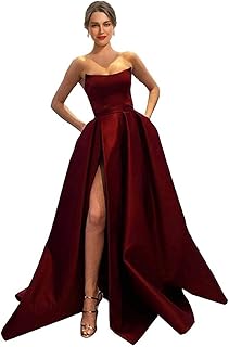 MllesReve Womens Long Strapless Satin Prom Dress Sleeveless Slit Evening Ball Gown with Pockets