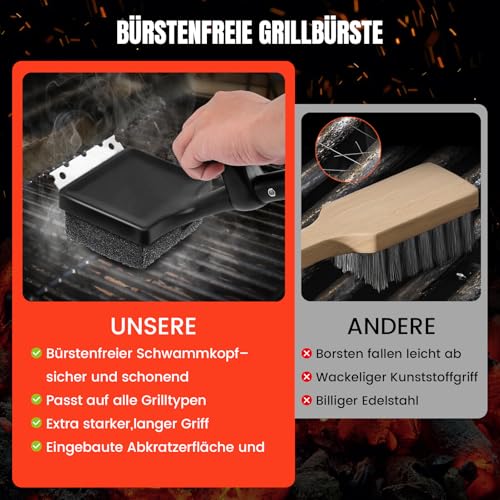 Grillbürste, 4-in-1 Grillbürste Gusseisen mit Edelstahlschaber, wiederverwendbarer Grillreinigungsbürstenkopf, bestes Grillzubehör ür Gasgrill, Holzkohlegrill, Grillrost - Geschenke für Männer