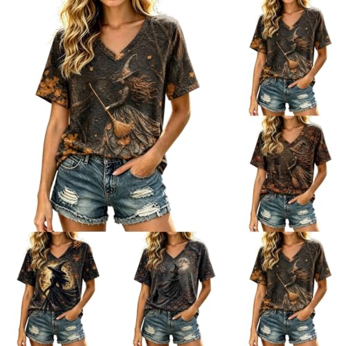GAHIEDIM Witch Shirts,Witch Shirts For Women Pumpkin Print V Neck Tops Casual Fall Sweatshirt For Themed Party Coffee 01 Large - image 1