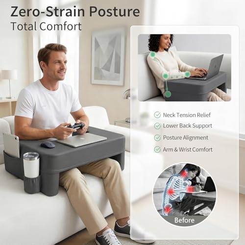 Image of septsun 26 inch Extra Wide Lap Desk Pillow, Laptop Desk for Couch and Bed | Dark Gray Large Soft Foam Workstation with Ergonomic Armrest Elbow Relief; Mouse-ready Fabric, Cup Holder, Sofa Gaming
