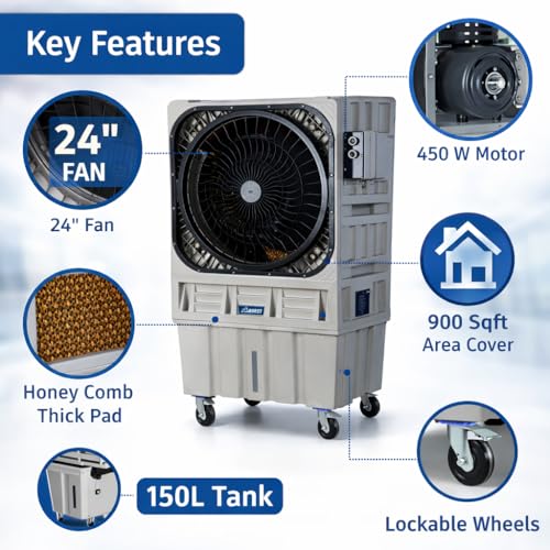 Image of Rocksun Iceburst 150 Commercial Dessert Air Cooler | 150L Tank | 11000 m /h Airflow | 24 inch Heavy Duty Fan | Honeycomb Cooling Pads | Industrial Air Cooler for Shops, Warehouses, Tent & Outdoor Use