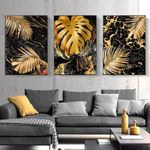 Peinture murale moderne KEBIA triptyque abstrait feuille d'or sur toile haut de gamme