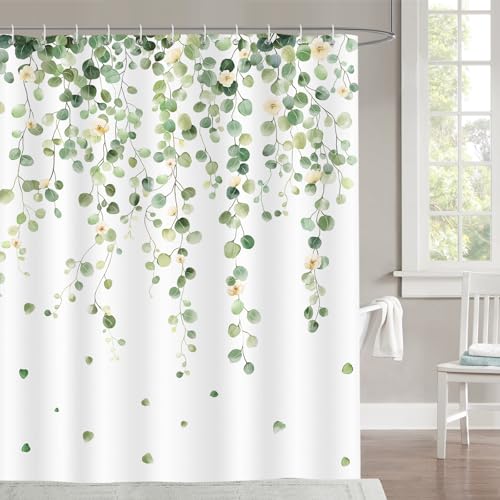 Dazzlewall Cortina de Ducha Hojas Verdes, Eucalipto Beige Flores Cortina Baño Impermeable 180x180cm, Antimoho Tela Poliéster con 12 Ganchos