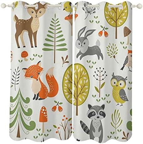 MORFIEHOME Summer Forest Window Curtains,Cute Woodland Animals, Trees, Mushrooms,Berries Nursery Grommet Thermal Curtains Children and Kids Window Drapes for Bedroom Living Room 2 Panels, 55x63 inch