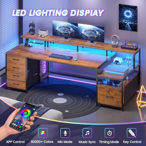 Image of SEDETA Home Office Desk with File Drawer & Power Outlet, 75'' Large Computer Desk with 5 Drawer, Storage Shelves, Monitor Shelf and Led Lights, 23.6 inch W Desktop Gaming Desk, Rustic Brown