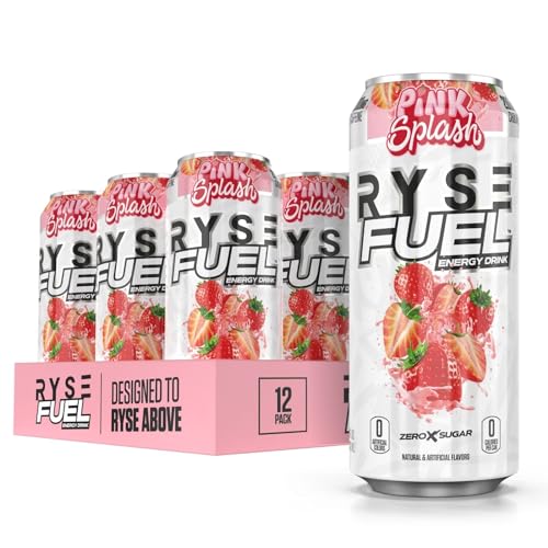 Image of RYSE Fuel Energy Drink - Pink Splash - Sugar Free, Gluten Free & Vegan - 200mg Natural Caffeine, Taurine & Choline for Focus & Energy - No Artificial Colors - 16 fl oz Cans (12-Pack)