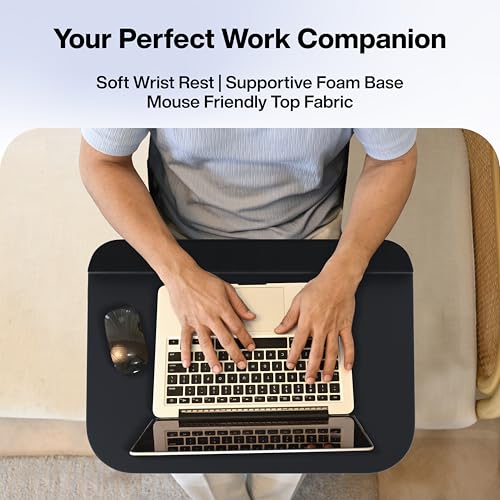 Image of FOVERA Lap Desk Cushion | Fits up to 17 inch Laptop | High-Density Foam Cushion, Mouse-Friendly Flux Leather Top Surface, Soft Wrist Support, Side Storage Pockets, Removable Cover (Medium, Black)
