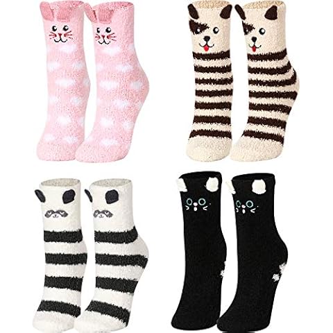 Geyoga 4 Pairs Women Fuzzy Socks Non-Slip Microfiber Winter Warm Socks Fluffy Soft Cute Animal Home Slipper Socks Cover