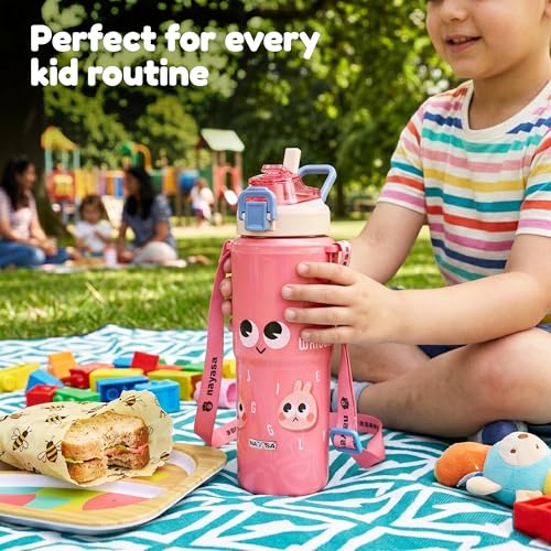 Image of Nayasa Kiddy Duo-Sip Insulated Inner Steel Kids Water Bottle 700-635ml | BPA-Free, Food Grade | Cute Bunny Print | Dual Sipping Modes | With Strap, Handle - Pink