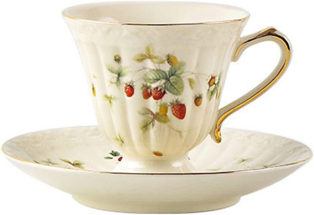 Sizikato Porcelain Cup and Saucer Set with Gold Trim, 6oz Tea Cup Coffee Mug, Cute Strawberry Pattern