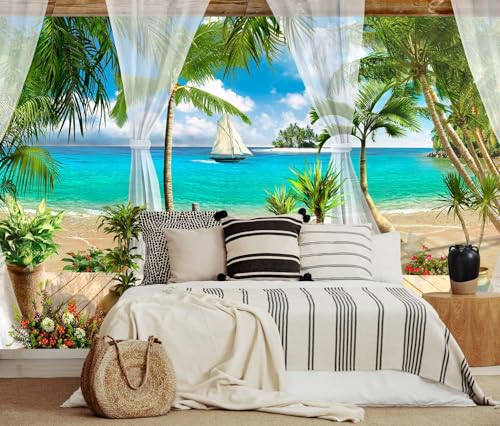 Jdayda Tropical Beach Seascape Wallpaper Mural Blue Seawater Palm Tree