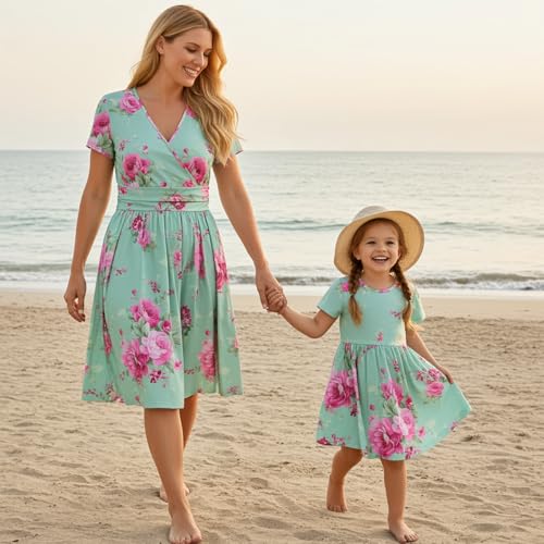 Image of Mommy and Me Floral Dresses Mother Daughter Matching Short Sleeve Tshirt Midi Dress Crew Neck Outfits with Pockets