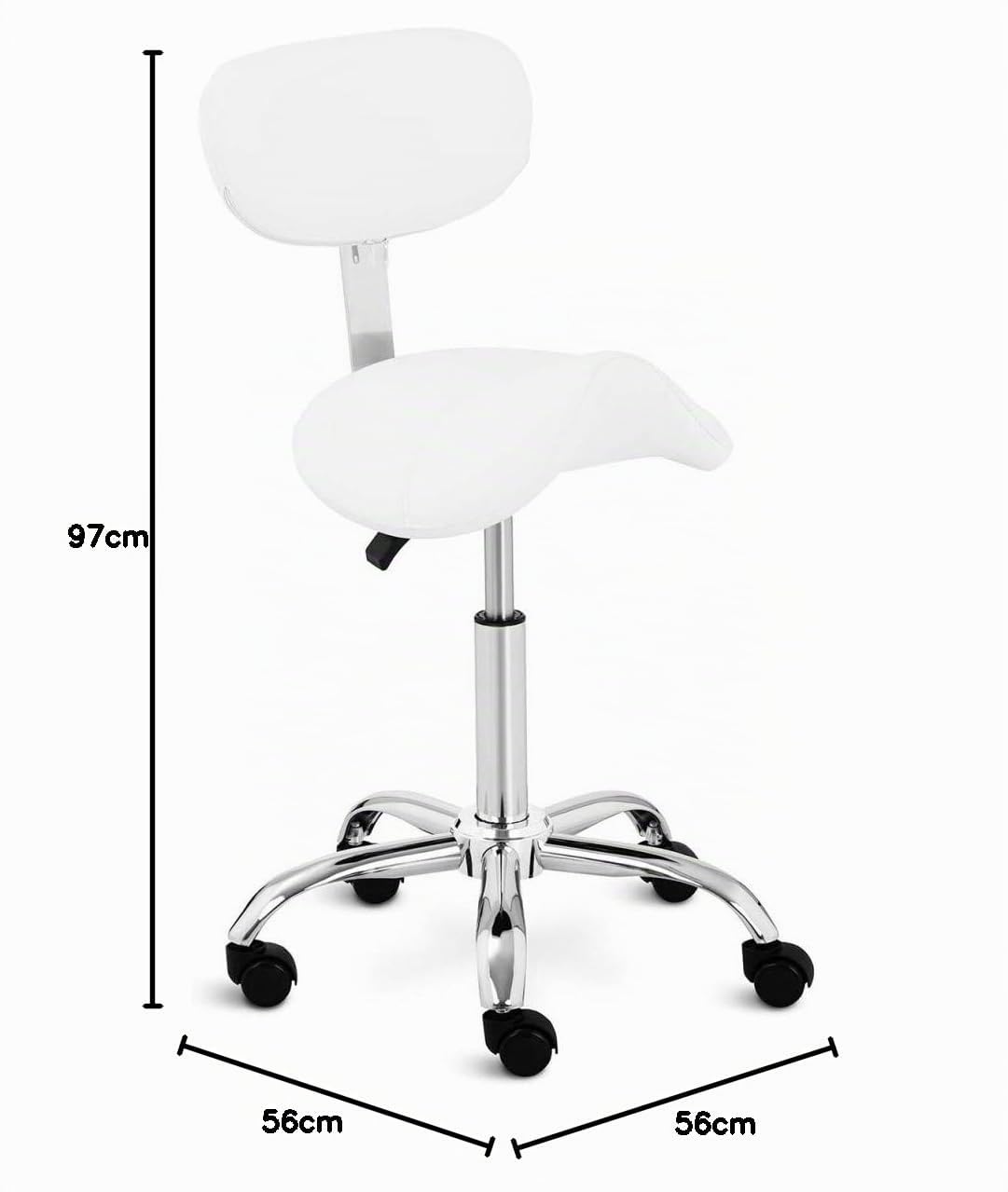 physa Sgabello Per Estetiste Parrucchieri Sedia A Sella Di Cavallo Con Rotelle e Schienale PHYSA FRANKFURT WHITE (Bianco, 50-70 cm, Similpelle PU, Acciaio, 150 kg)