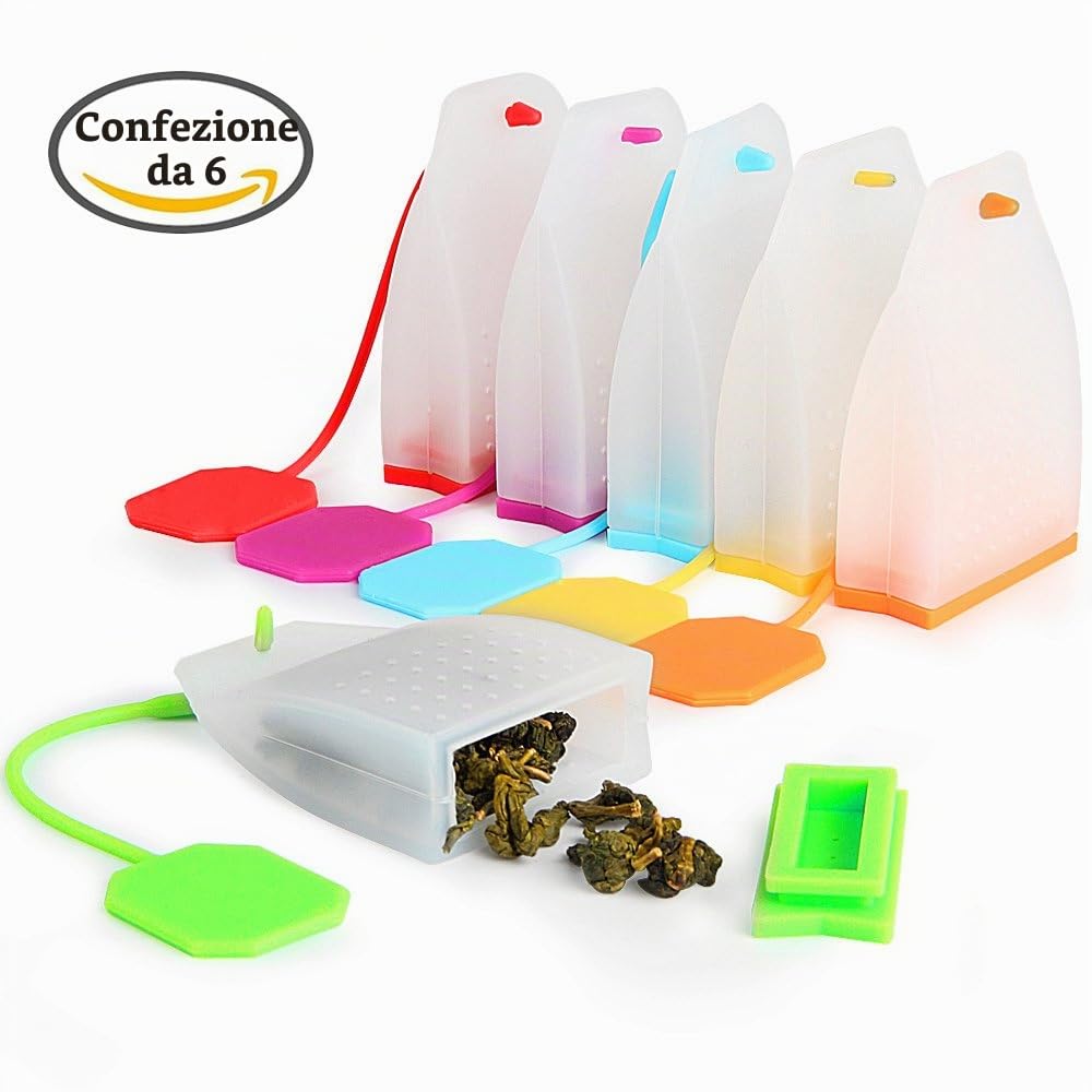 FineGood - Confezione da 6 infusori in silicone riutilizzabili con filtro per tè, con 6 colori
