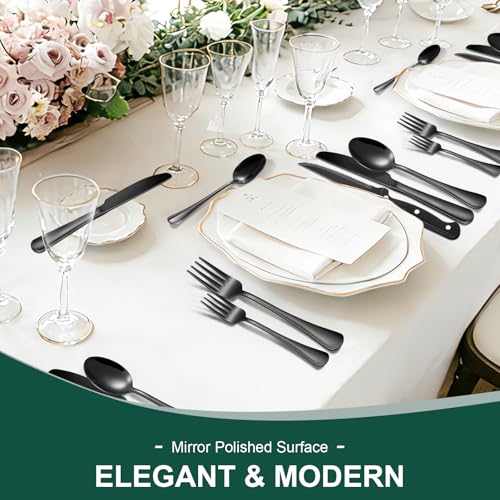 Image of 24-Piece Black Silverware Set with Steak Knives Black Stainless Steel Flatware Set for 4 Food Grade Tableware Cutlery Set Rust-proof, Mirror Polished, Dishwasher Safe