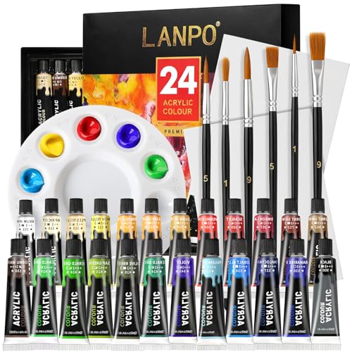 El Mejor Listado de Pinturas Top 10. 41 Juego de 24 Colores Pintura Acrilica, con 6 Pinceles para Pintura Acrilica y 1 Paleta y 2 Lienzo, Kit de Pintura Acrílica Profesionales, 12ml, Impermeable, para Lienzo, Roca,...