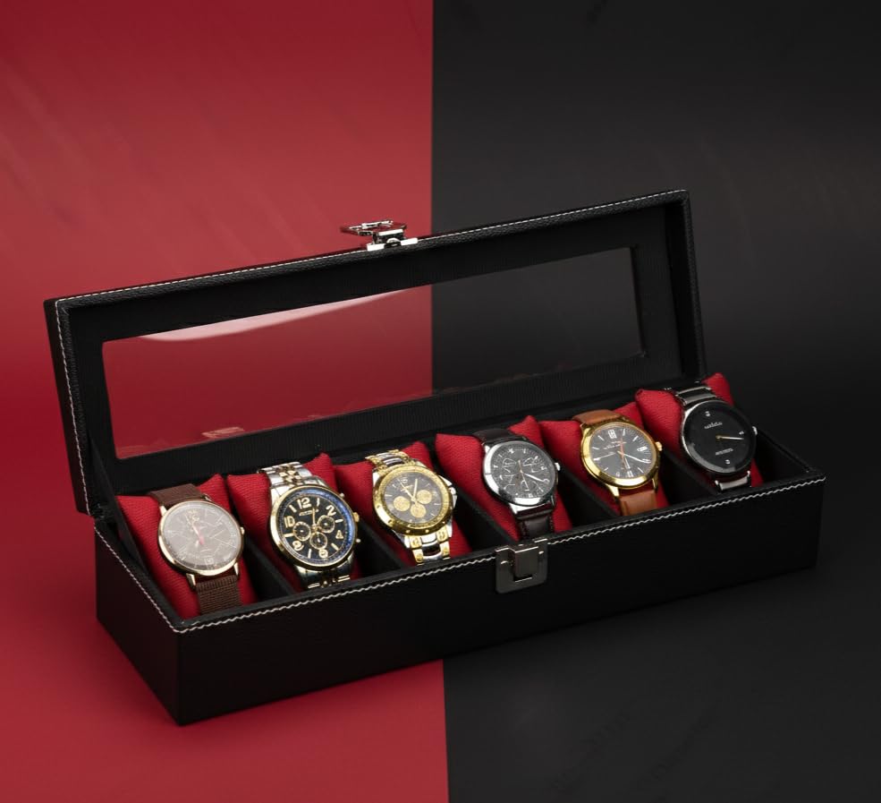 Men's and Women's Leatherette Watch organizer holder Case for 6 Watches in Black Maroon Color, Removable Watch Pillows, Watch Box Holder, Gift for Loved Ones