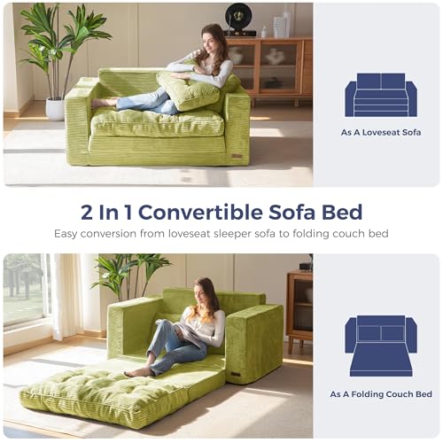 MAXYOYO Convertible Sofa Bed, Pull Out Loveseat Sleeper Sofa, 2 in 1 Folding Couch Bed, Fold Out Floor Couch with Pillows for Living Room Bedroom Lounge, Green