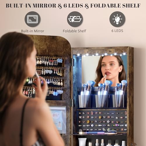Image of Vlsrka 47.2 inch Wall /Door Mounted Jewelry Cabinet Organizer Armoire W /Mirror | 6 LEDs, Over The Door Hanging Jewelry Organizer with Rounded Corner Mirror, Lockable Full Length Mirror with Storage, Brown