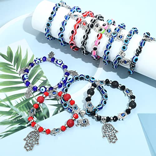 JeryWe 12 Pieces Evil Eye Beaded Charm Bracelets Blue Eye Stretch Amulet Bracelets Hamsa Hand of Fatima Turkish Lucky Bracelets for Women Men for Protection and Blessing - Image 5
