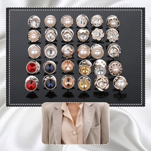 Image of 30 Pcs No Sew Invisible Buttons Pearl Brooch Button Women Reusable Pearl Cover Up Pin Removable Replacement Safety Button Dress Supplies Decoration (Black, Yellow, Orange, Brown, White)