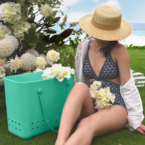 FLICK ART Rubber Waterproof Beach Tote Bag, Washable Anti-tip Durable Beach Storage Basket Hole Opening Tote Bag3